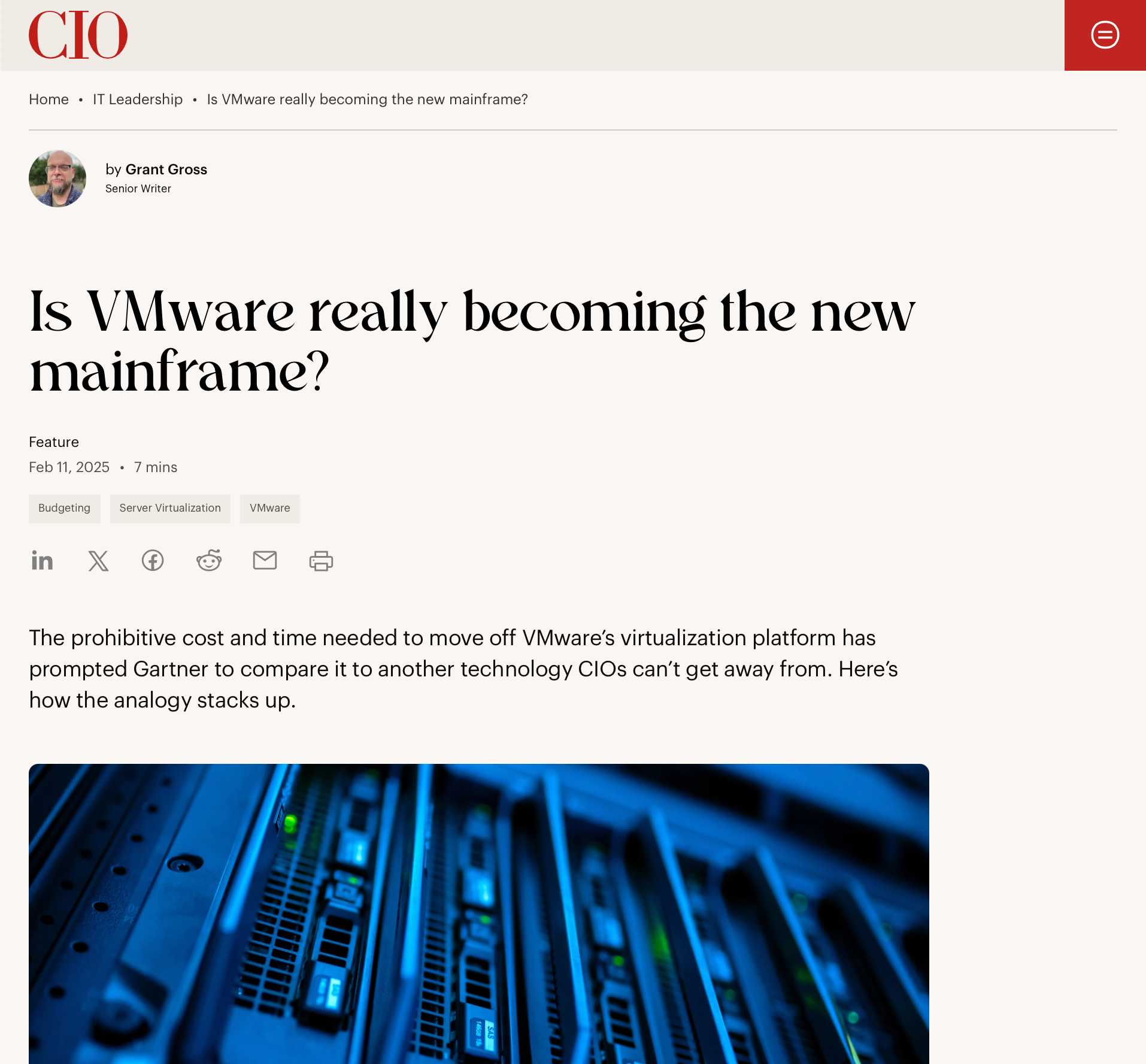 screenshot of the top of the web article on CIO.com titled 'Is VMware really becoming the new mainframe?'