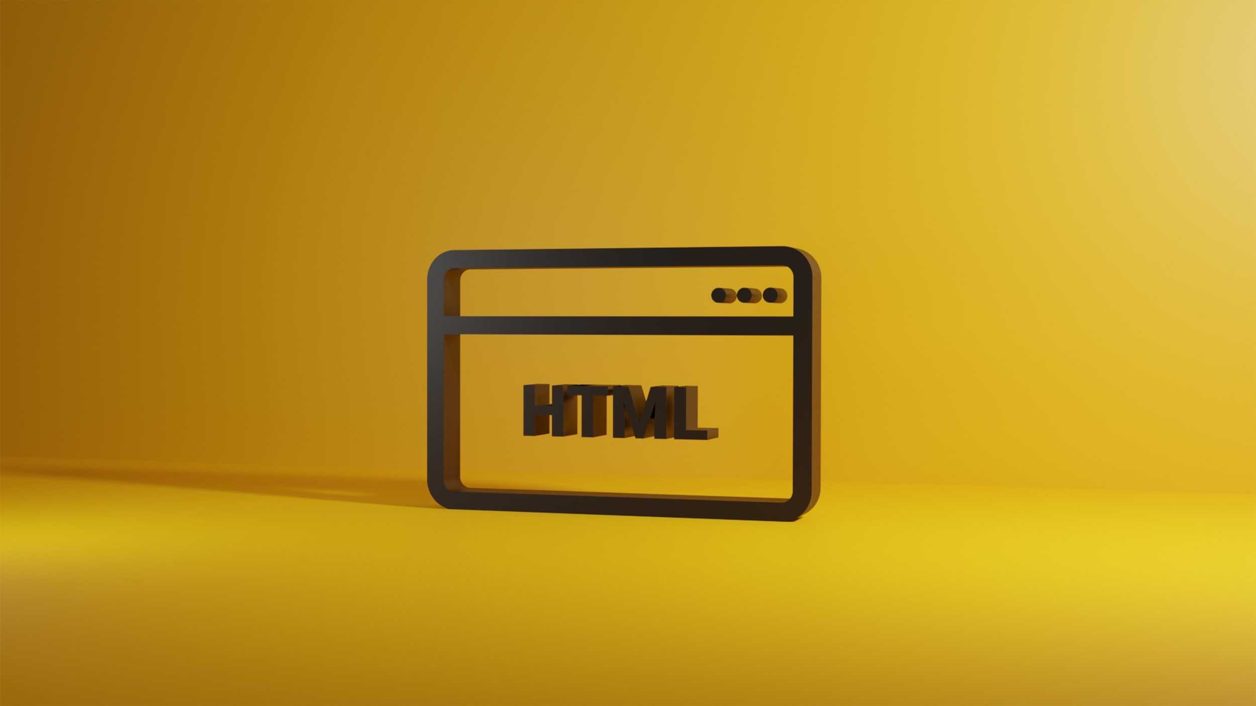 A rectangular cutout shape with HTML written in the middle, meant to represent a web browser.